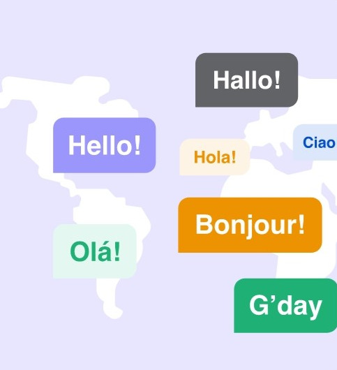 Landkarte Grafik - Abbildung verschiedener Sprechblasen mit unterschiedlichen Sprachen