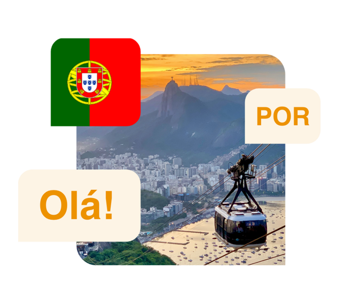 Sprache Portugiesisch - Abbildung portugiesischer Wörter, der portugiesischen Flagge und einem Stadtbild