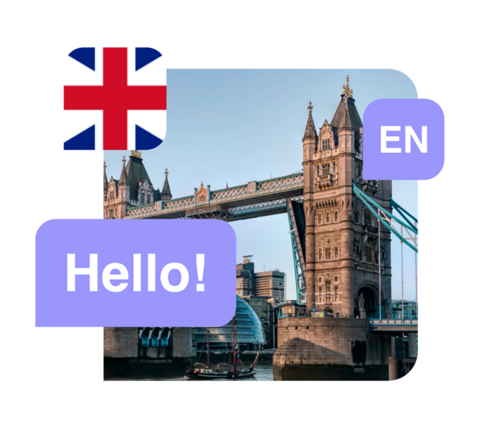 Sprache Englisch - Abbildung englischer Wörter, der englischen Flagge und der London Bridge
