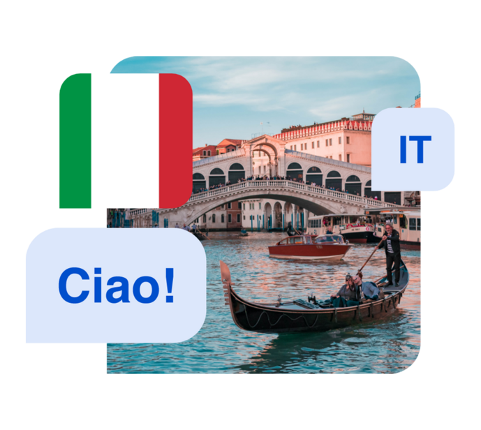 Sprache Italienisch - Abbildung italienischer Wörter, der italienischen Flagge und einer Gondel