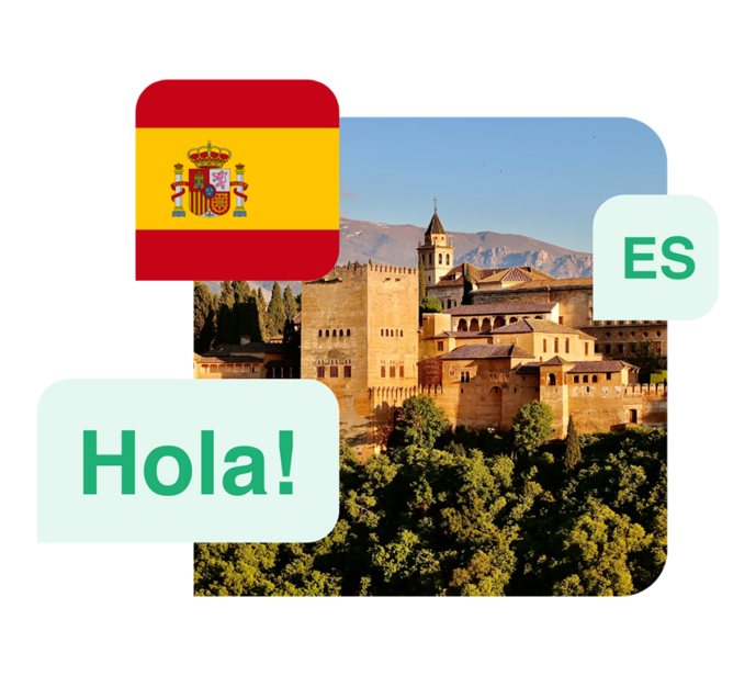 Sprache Spanisch - Abbildung spanischer Wörter, der spanischen Flagge und einem spanischen Hauses