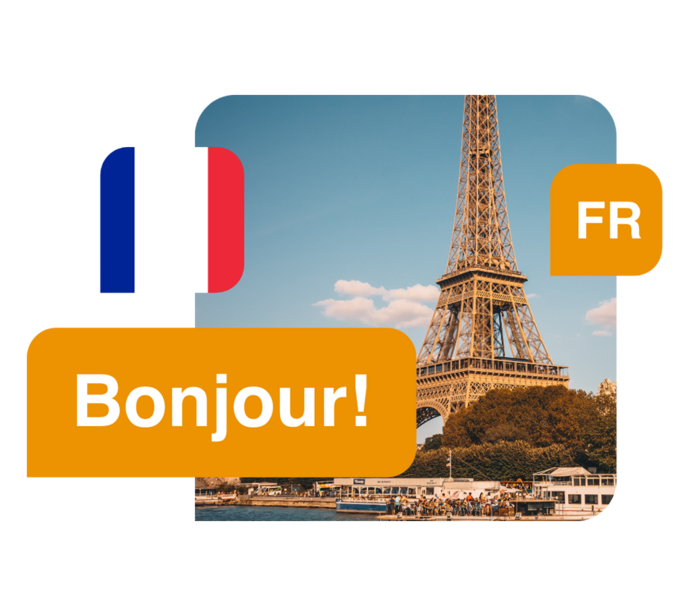 Sprache Franzoesisch - Abbildung der französischen Flagge, französischen Wörter und des EIfelturmes