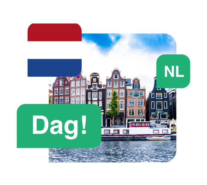 Sprache Niederlaendisch - Abbildung der niederländischen Flagge, niederländischer Wörter und einem Bild von Amsterdam
