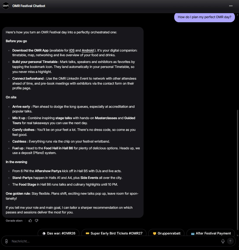 OMR Festival event chatbot example - How do I plan my perfect OMR day