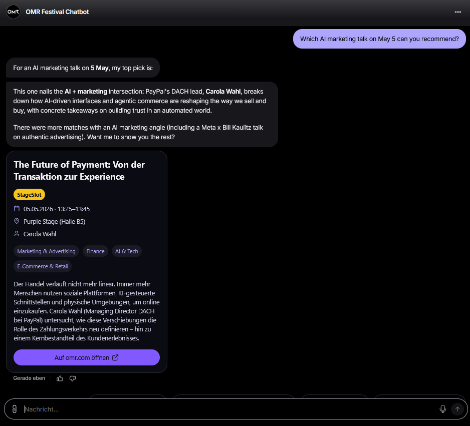 OMR Festival event chatbot EN - Which AI marketing talk on May 5 can you recommend
