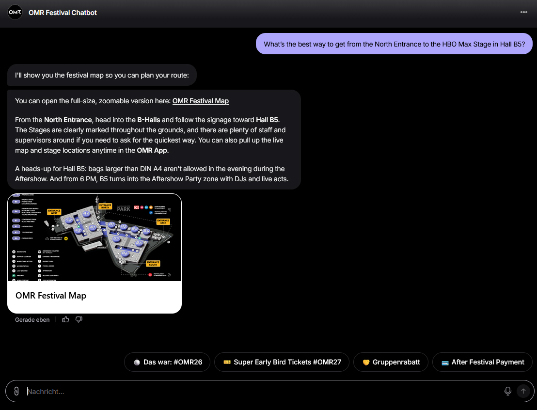 OMR Festival event chatbot EN - What s the best way to get from the North Entrance to the HBO Max Stage in Hall B5