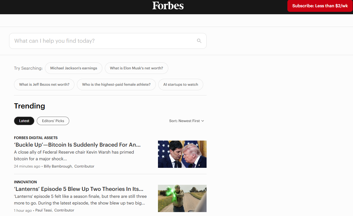 Use Case: Entry questions and suggestions make it easier to navigate Forbes