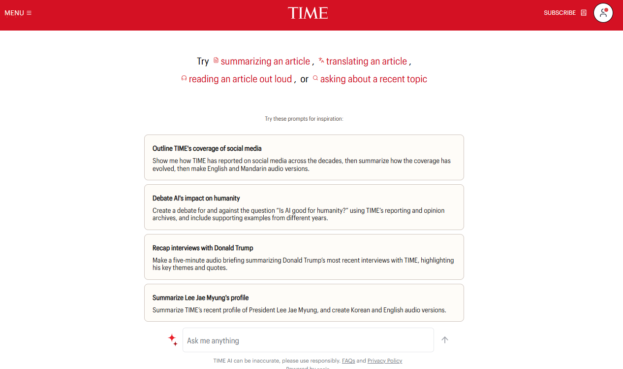 Use Case: Starter questions guide users directly towards relevant topics on TIME AI