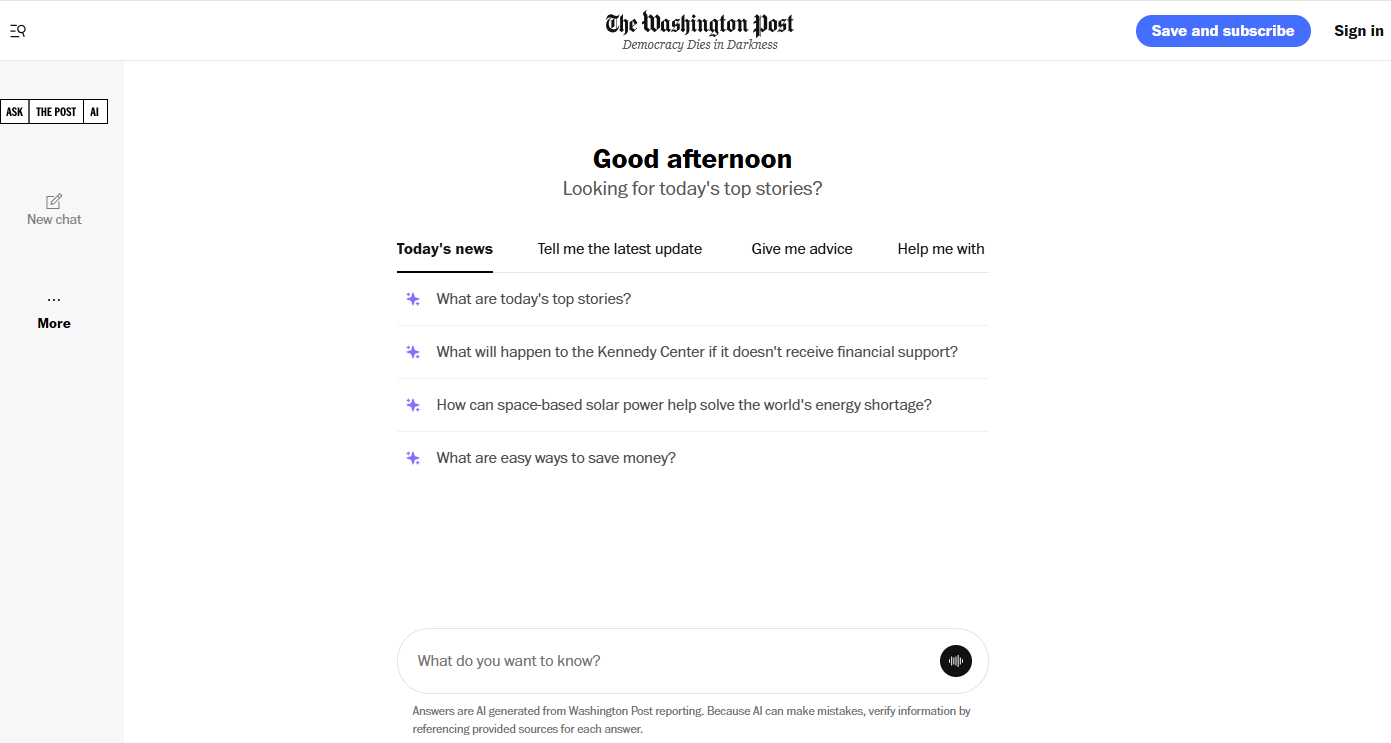 Use Case: Sample questions on Ask The Post AI, focusing on product search and current news