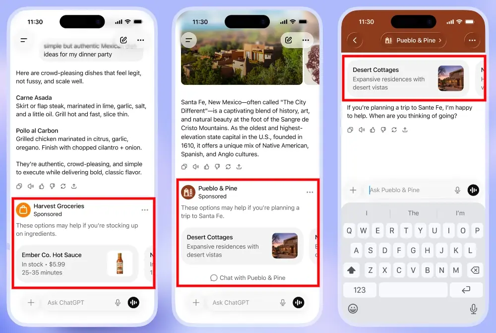 ChatGPT-Anzeigen in Apps: Produktempfehlungen im Gesprächsverlauf (OMR-Mockups)