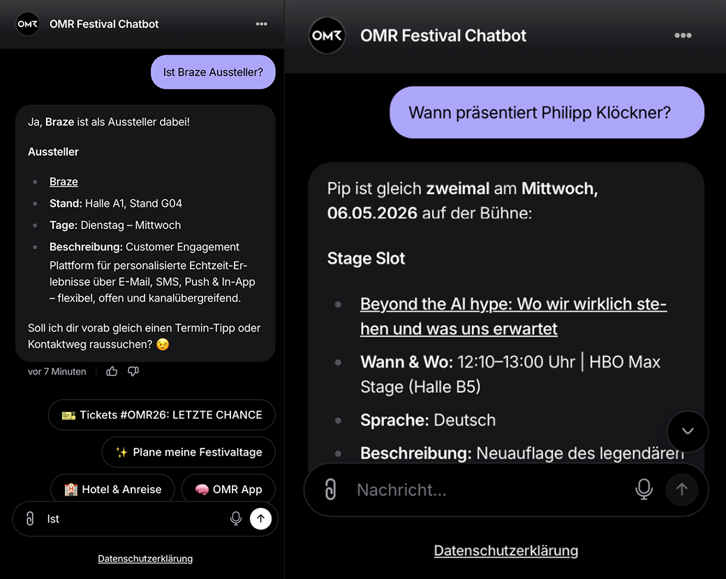 Der OMR Festvial Chatbot liefert auch in der App präzise Programm und Ausstellerinformationen