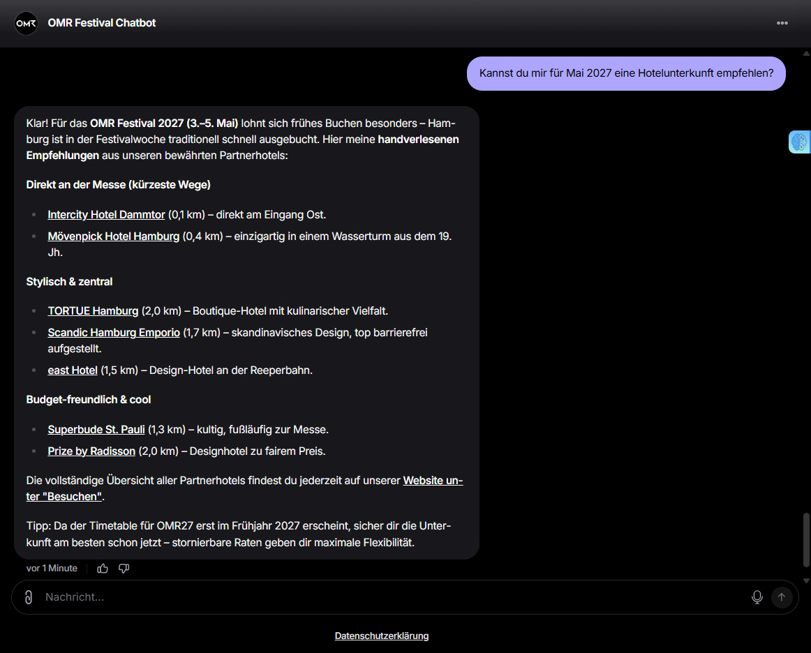 OMR Event Chatbot DE kannst du mir fuer mai 2027 eine hotelunterkunft empfehlen