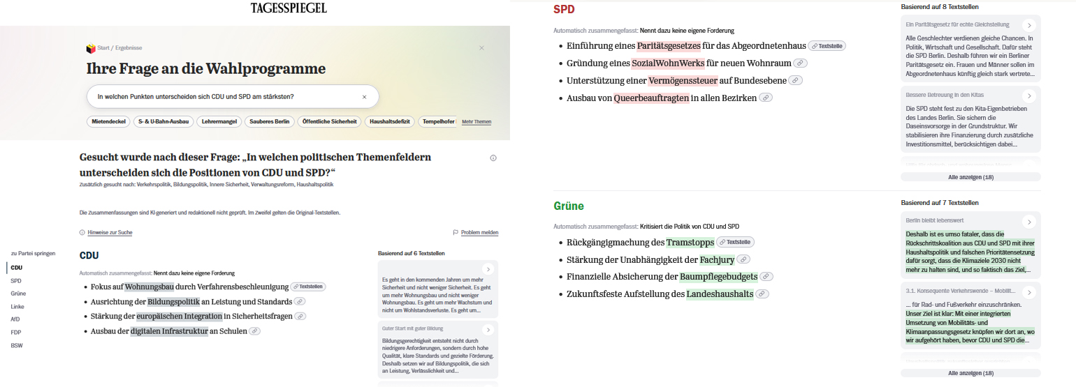 Parteipositionen auf einen Blick: Der KI-Wahlassistent stellt die Antworten aus den Wahlprogrammen farblich differenziert gegenüber