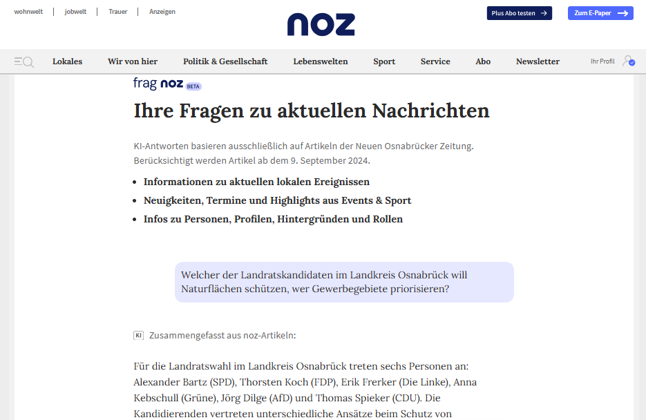 Use Case Wahlassistent: Der NOZ-Wahlbot beantwortete Fragen zur Kommunalwahl 2026 auf Basis geprüfter NOZ-Artikel