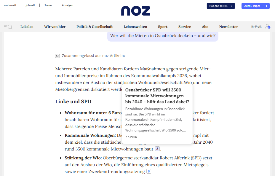 Use Case Wahlassistent: Fußnoten und Artikelvorschauen verknüpfen die KI-Antwort direkt mit redaktionellen Quellen