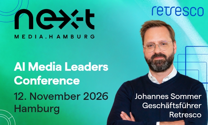 Website Buehne Briefmarke Retresco auf Gast auf der AI Media Leaders Conference 2026